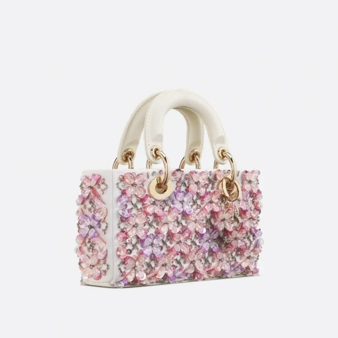 Bag Lady Dj Micro – White Calfskin w/ Pink Floral Emb & Strass