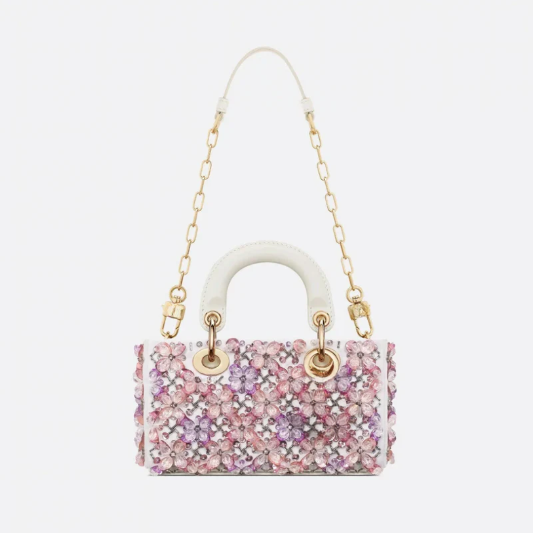 Bag Lady Dj Micro – White Calfskin w/ Pink Floral Emb & Strass