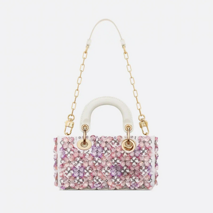 Bag Lady Dj Micro – White Calfskin w/ Pink Floral Emb & Strass